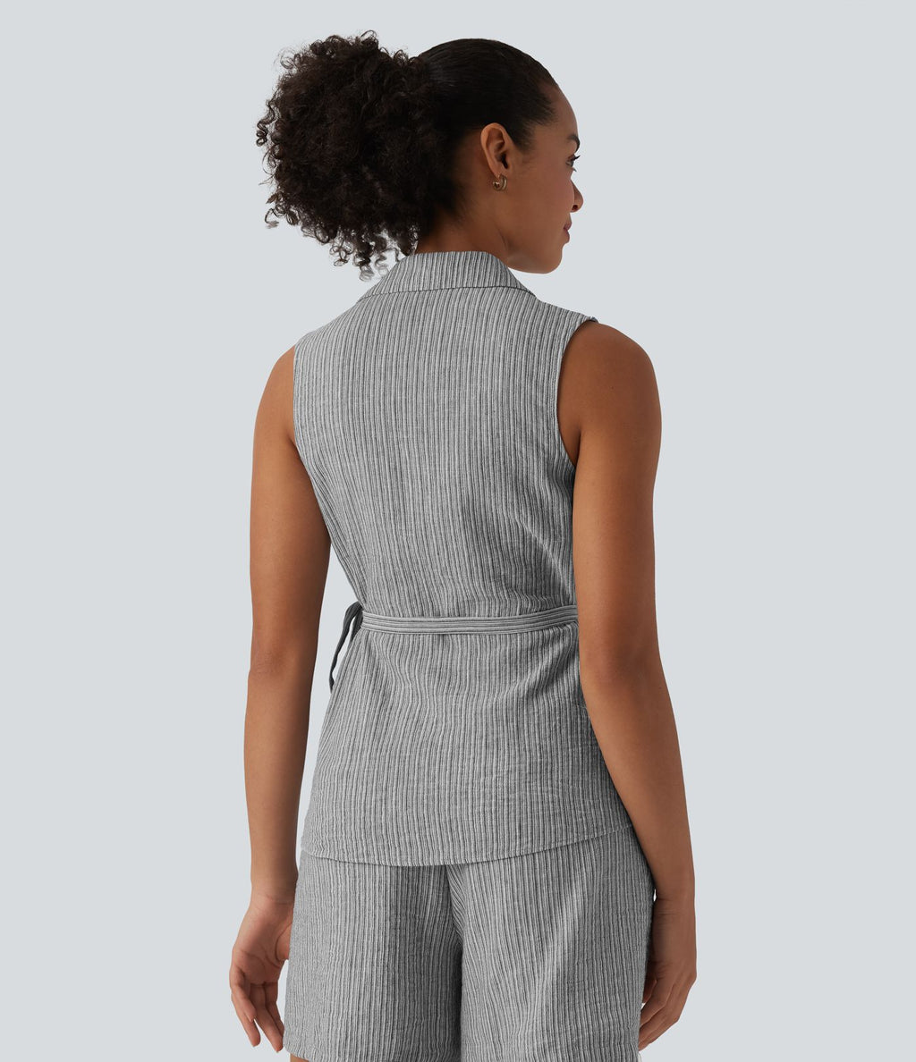 Chemise décontractée aspect lin sans manches col cache-cœur avec lien latéral