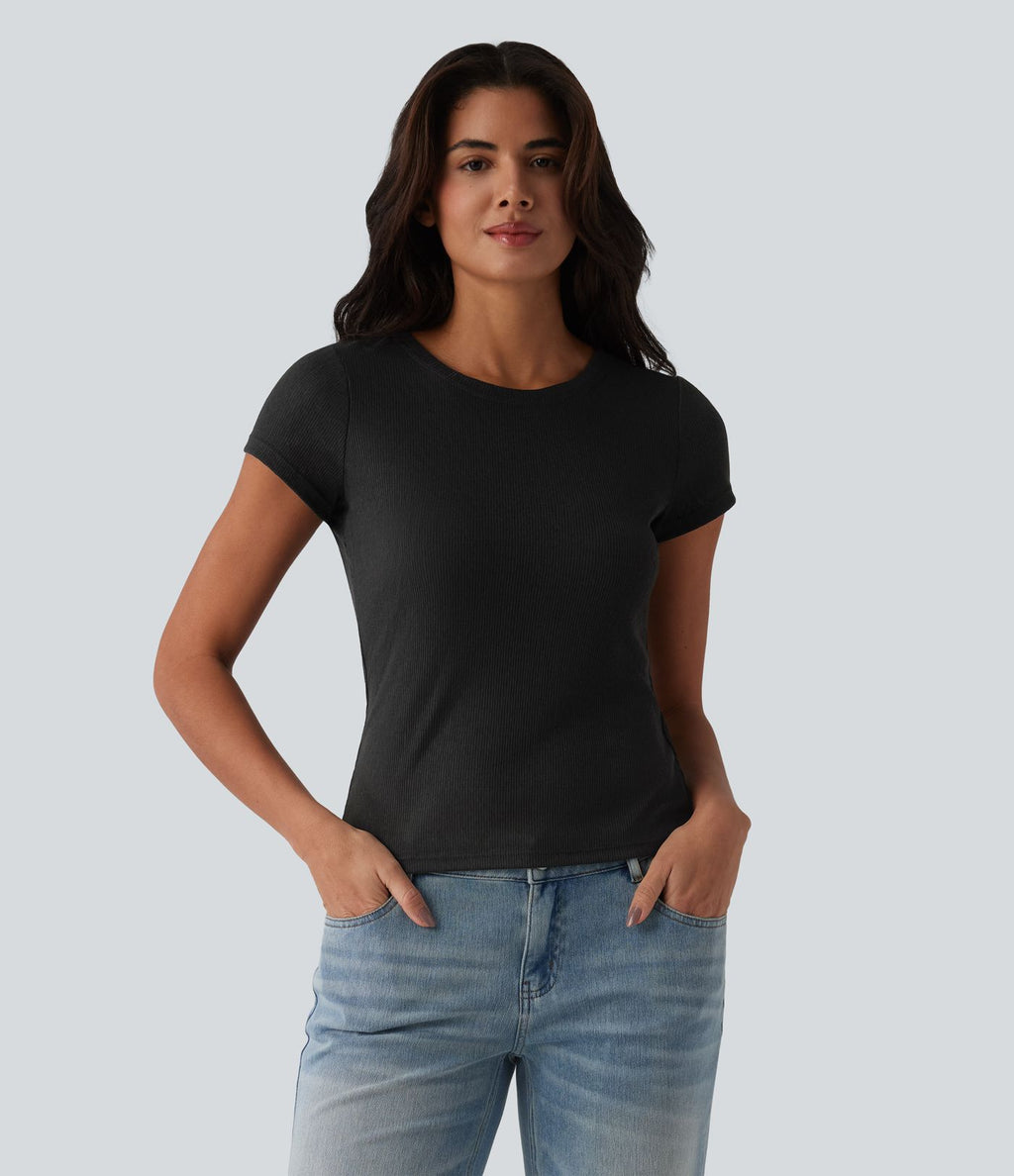 T-shirt casual semi-transparent côtelé maille col rond manches courtes