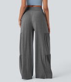 Pantalon danse large fluide taille haute smocké nœuds devant et dos