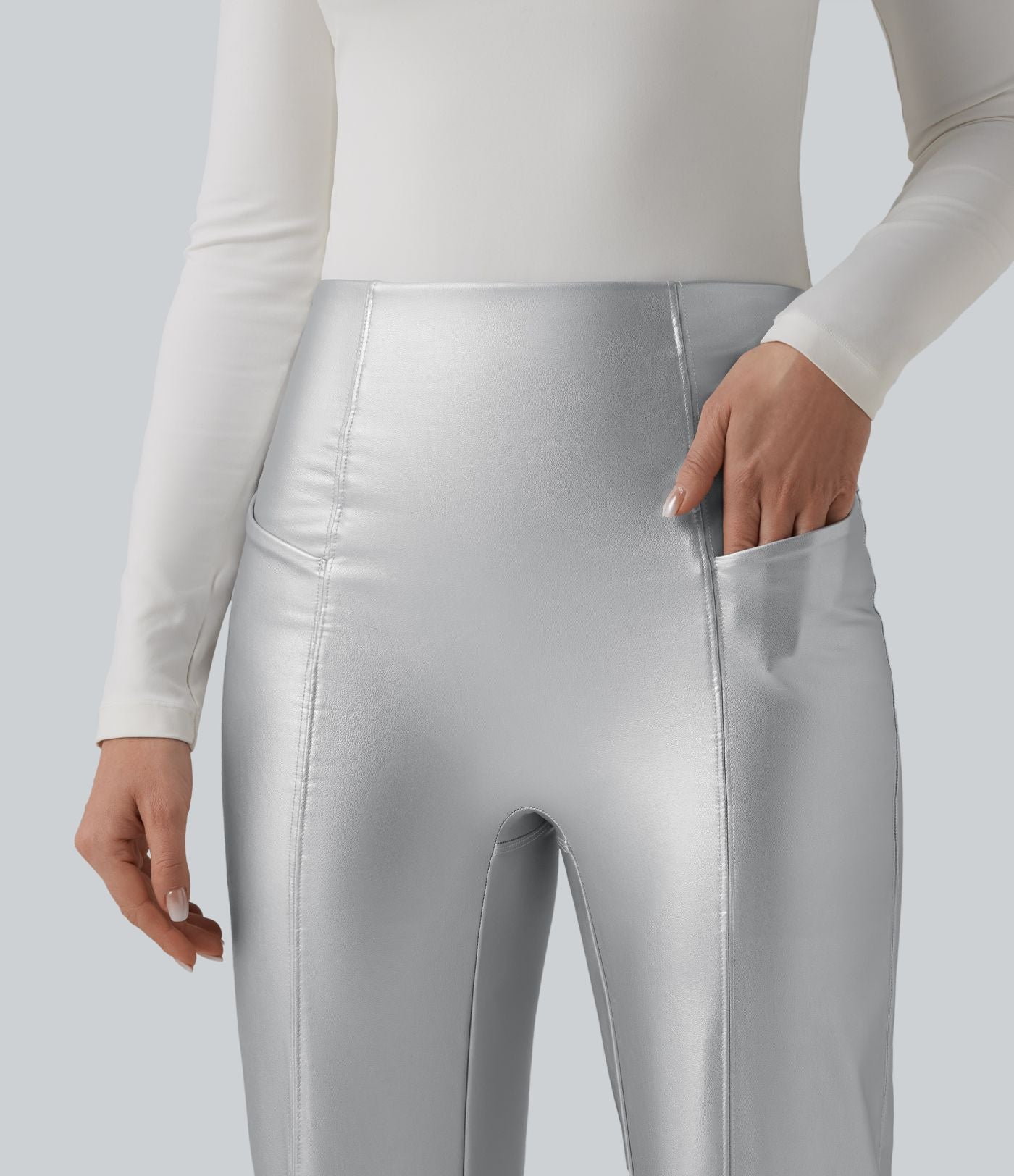 Pantalon similicuir évasé gainant taille haute stretch avec poches