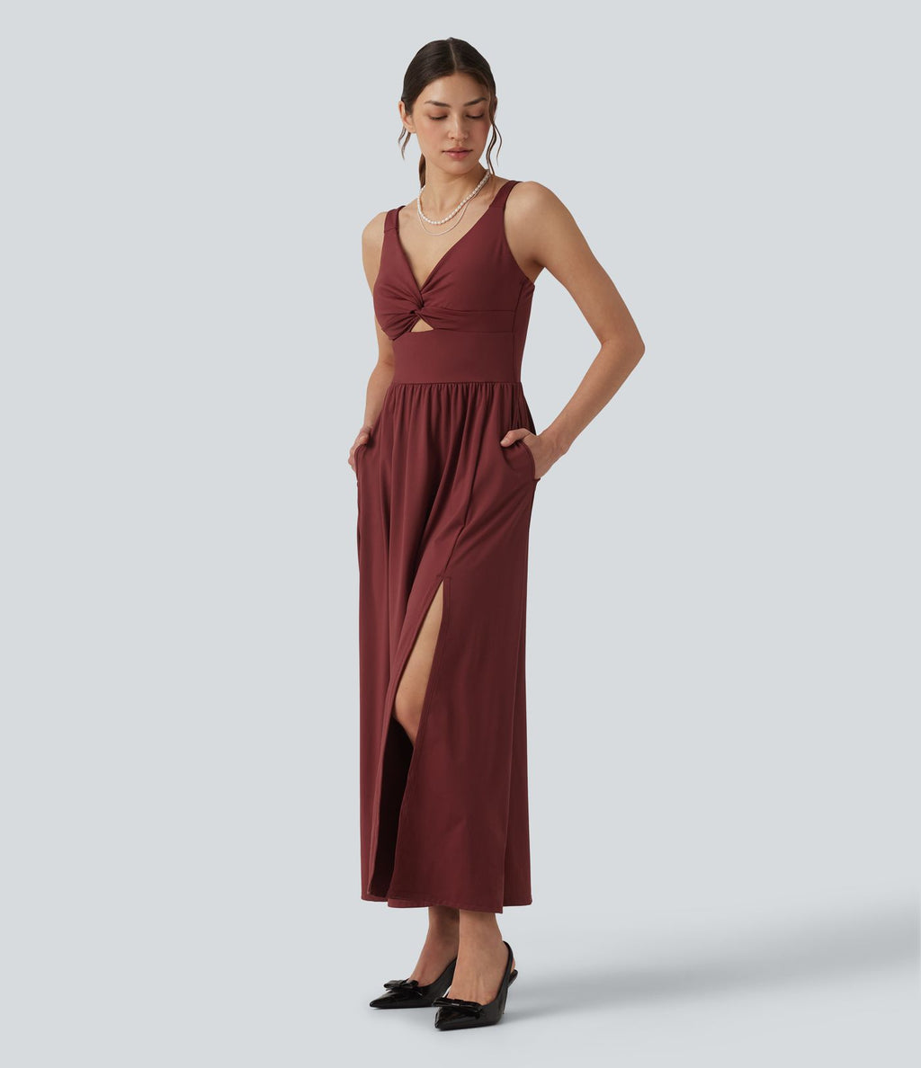 Robe de soirée mi-longue SoftlyZero™ Airy col V sans manches torsadée avec fente, coques fixes et effet frais InstantCool avec poches