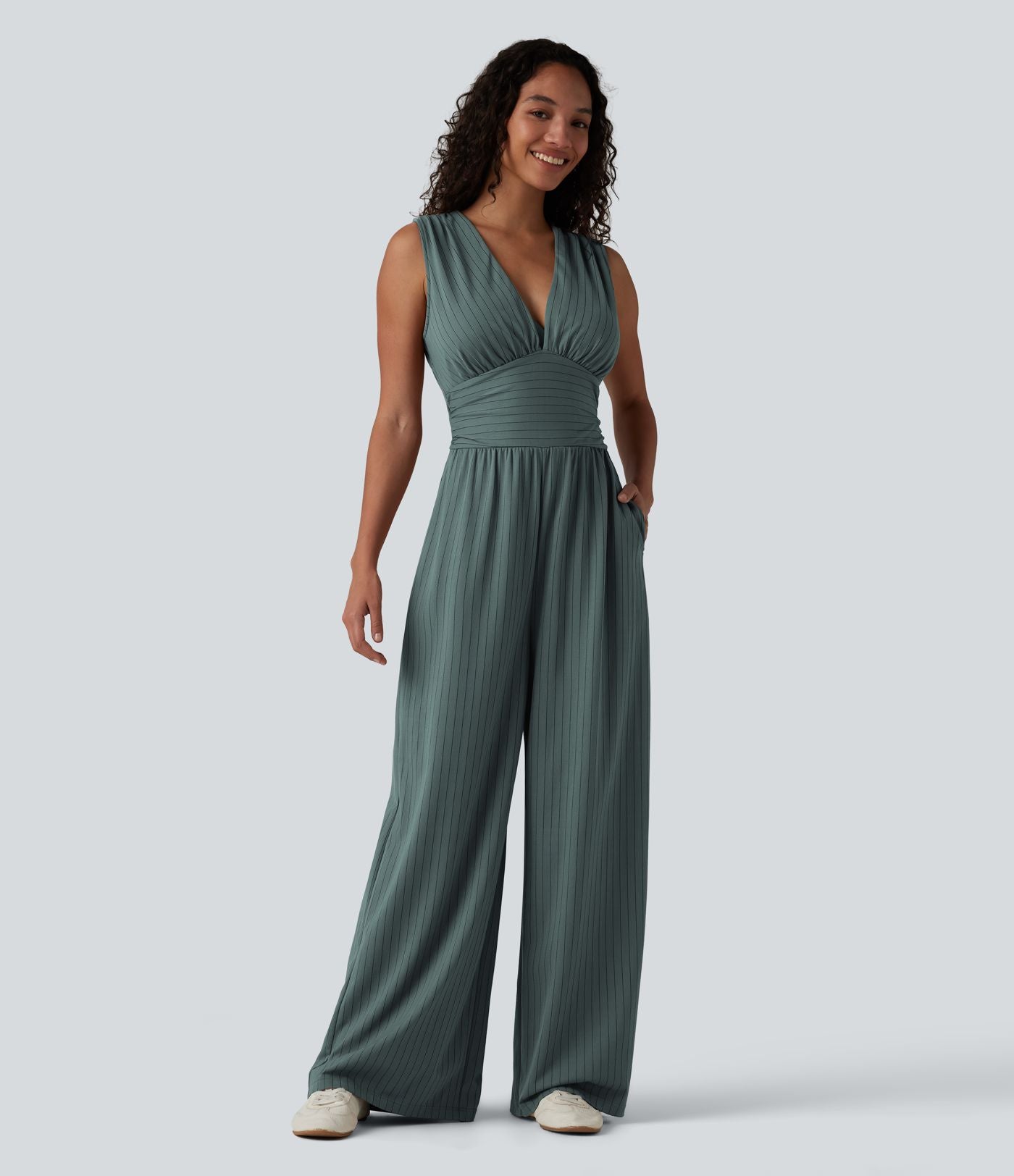 Combinaison tailleur col V sans manches à rayures et fronces avec poches - Easy Peasy