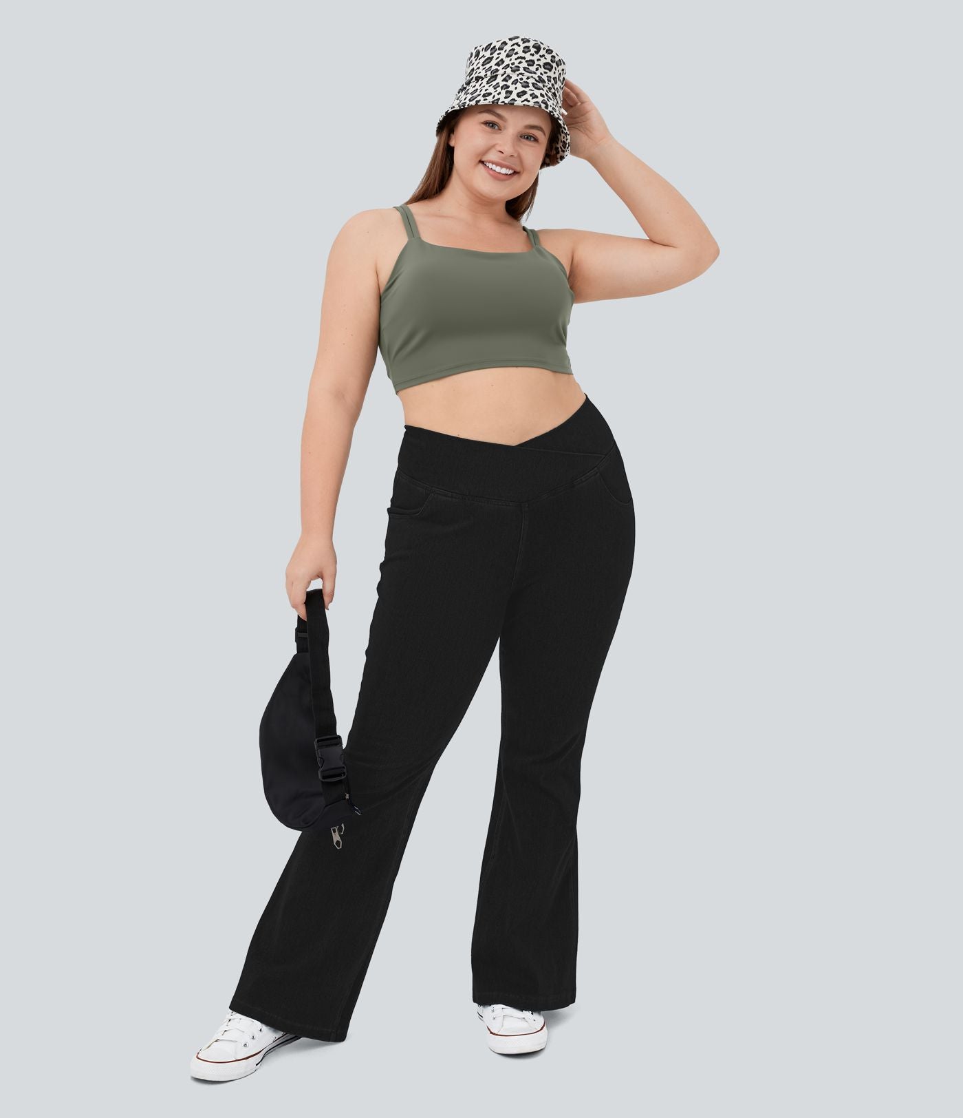 Jean super évasé Halara Flex™ grande taille en maille denim extensible délavée taille haute avec poches croisées effet frais InstantCool respirant