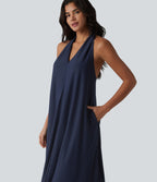 Robe midi décontractée col V avec poches