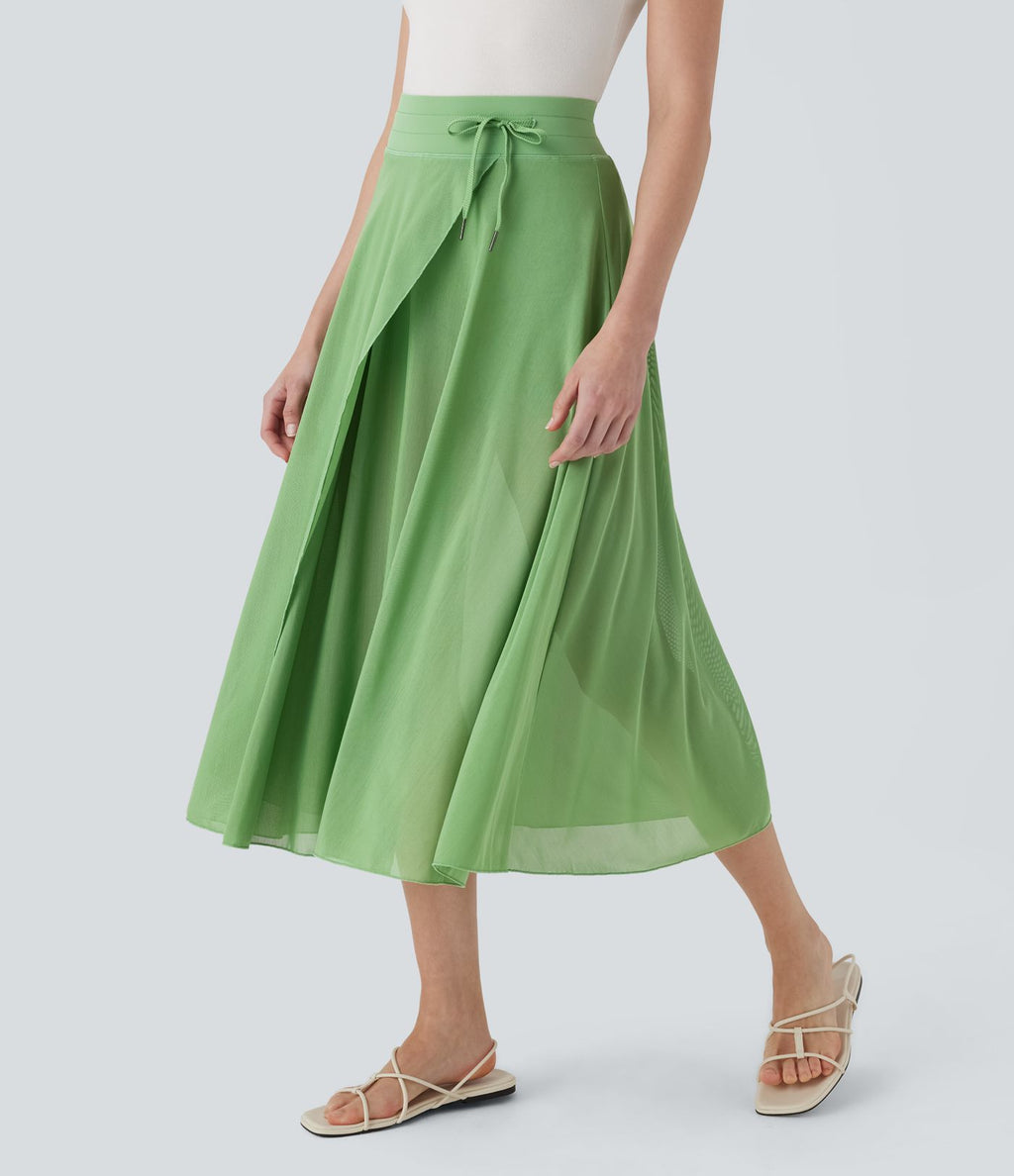 Jupe Casual Évasée Mesh Mi-Longue Fuide 2 en 1 Contrastée Taille Haute Cordon Poche Latérale