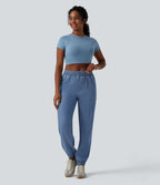 Jogging casual denim en lyocell drapé taille mi-haute avec poches