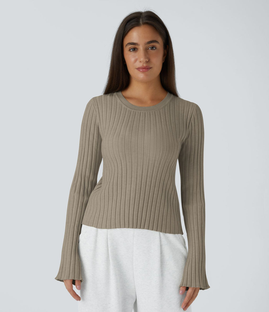 Pull Décontracté à Col Rond, Manches Longues et Volants