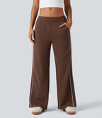 Pantalon jogging coton coupe droite taille mi-haute color block avec cordon de serrage et poches