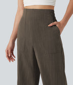 Pantalon flare taille haute effet lin avec poches
