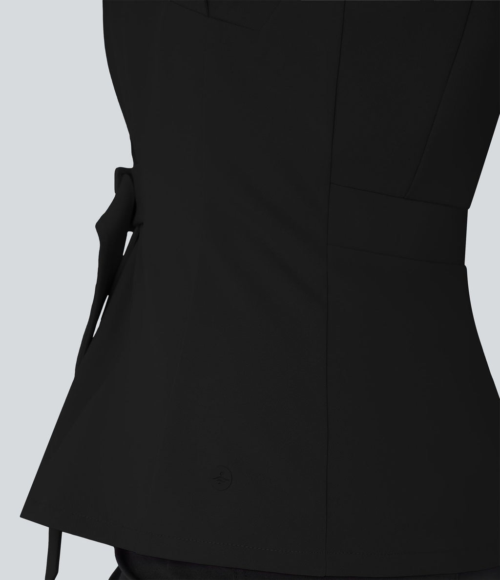 Veste short tailleur à col V, sans manches, portefeuille et ceinture