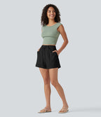 Short ample décontracté taille haute en coton et lin, cordon de serrage, ourlet retroussé et poches