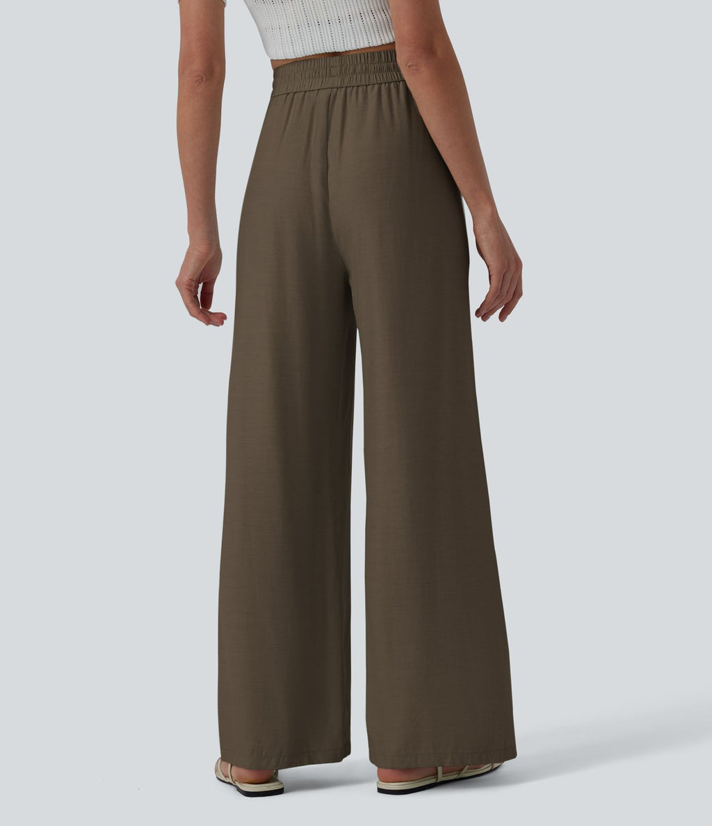Pantalon casual large fluide mélange lin taille haute avec cordon de serrage et poches