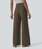 Pantalon casual large fluide mélange lin taille haute avec cordon de serrage et poches