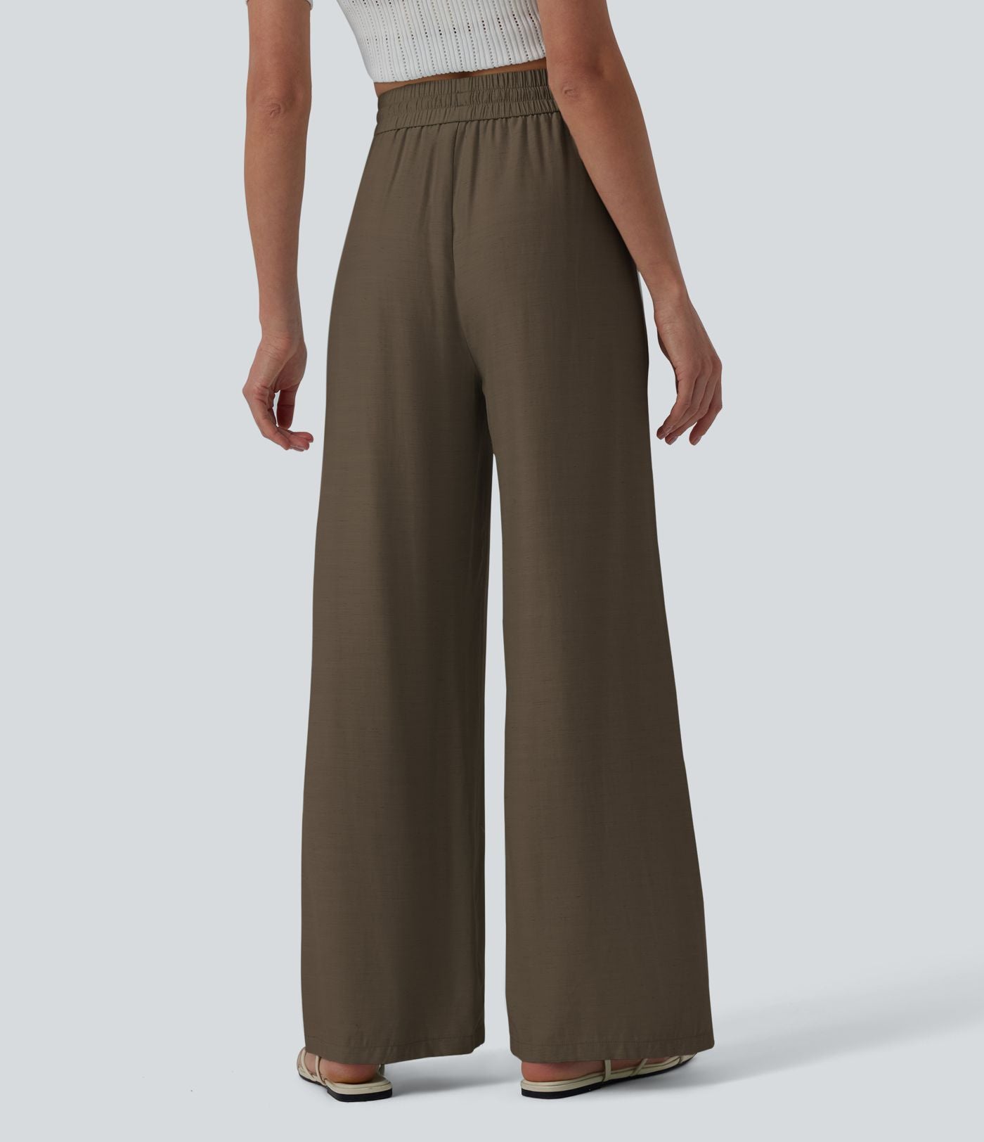 Pantalon casual large fluide mélange lin taille haute avec cordon de serrage et poches