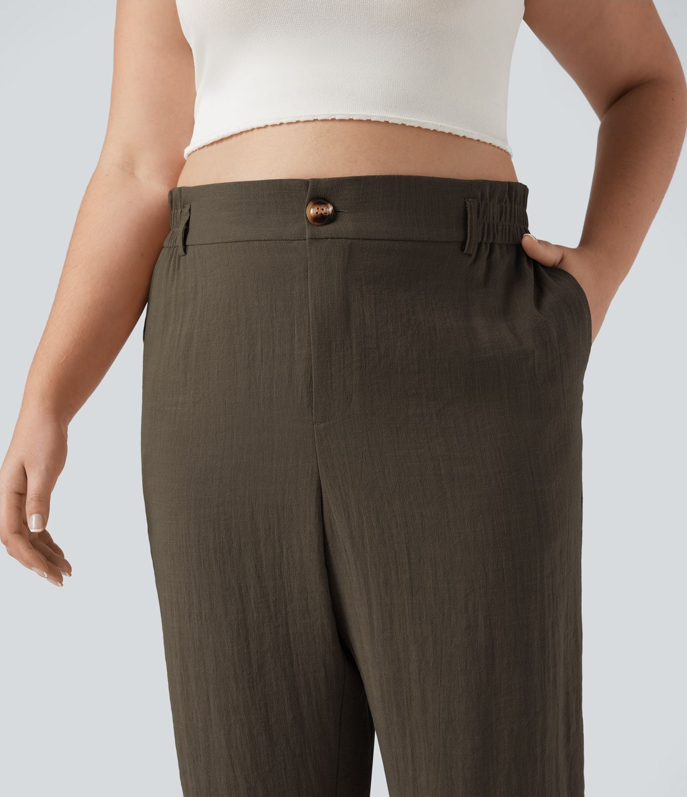 Pantalon de villégiature capri effet lin, grande taille, taille haute, avec poches