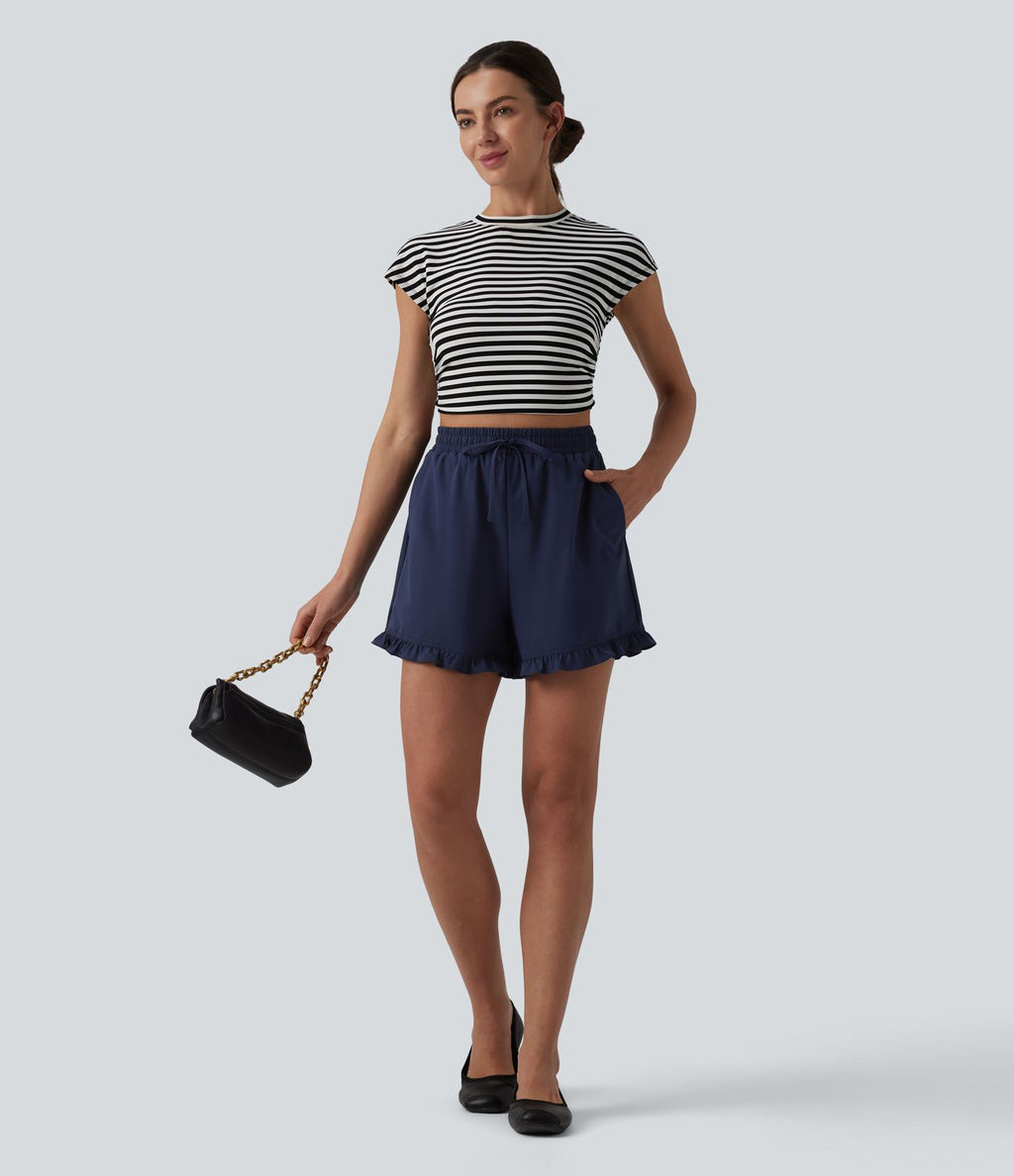 Short casual ample taille haute en popeline extensible à cordon de serrage et ourlet volants avec poches