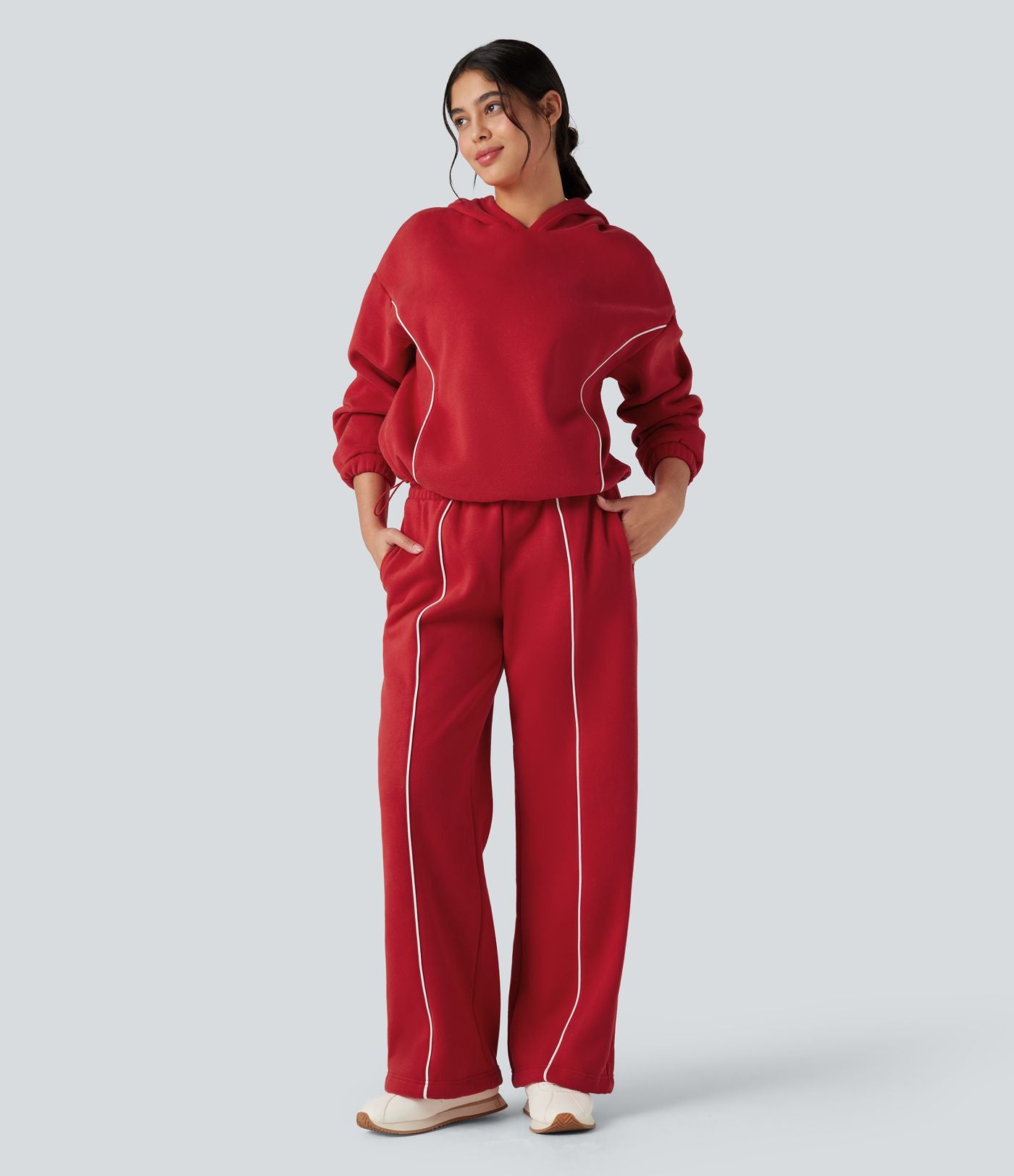 Pantalon large fluide polaire color block double ceinture gainant taille haute avec poches