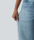 Jean de survêtement décontracté à rayures en tissu éponge français imprimé denim taille mi-haute avec poches