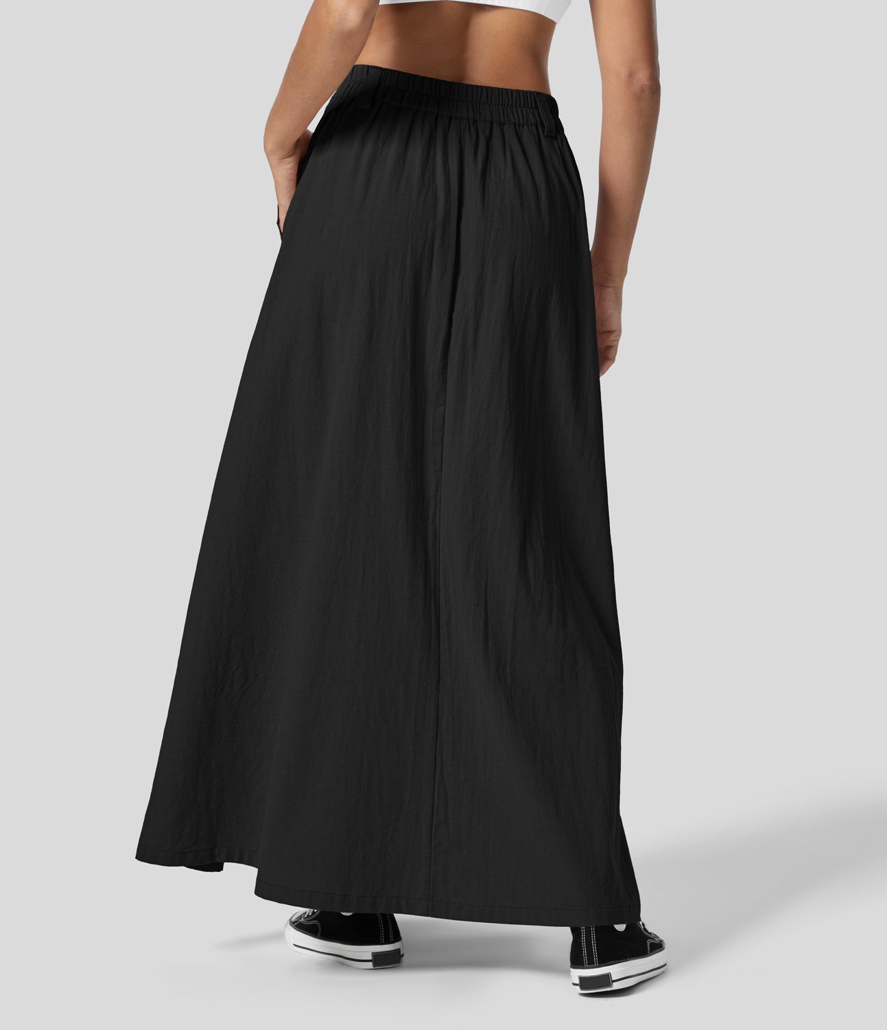 Jupe Casual Maxi Évasée à Taille Haute avec Plis et Poches Latérales Effet Lin