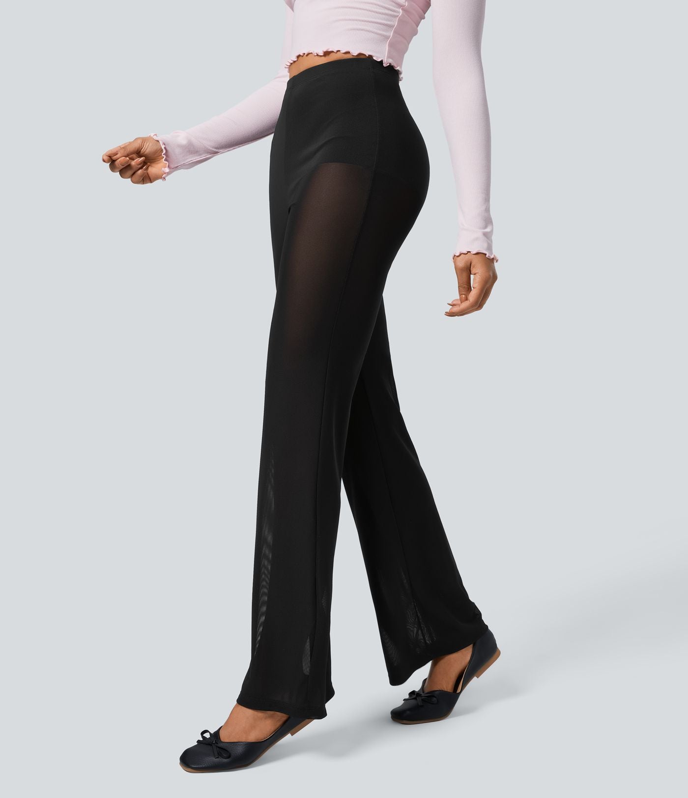 Pantalon Évasé de Danse 2 en 1 en Maille Transparente Taille Haute
