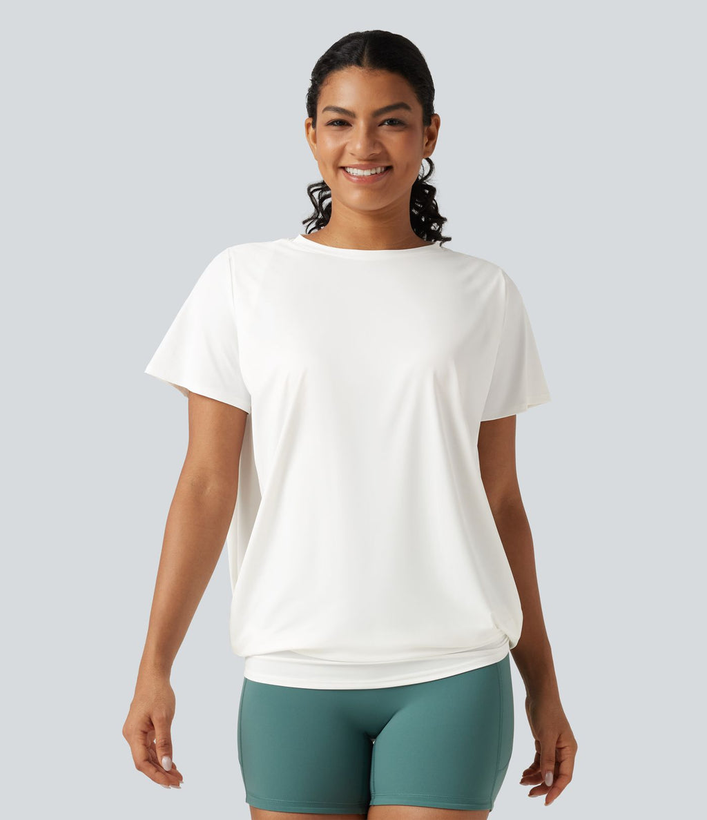 Haut de yoga effet frais InstantCool longueur allongée à manches courtes, encolure arrondie, fronces et protection solaire UPF50+