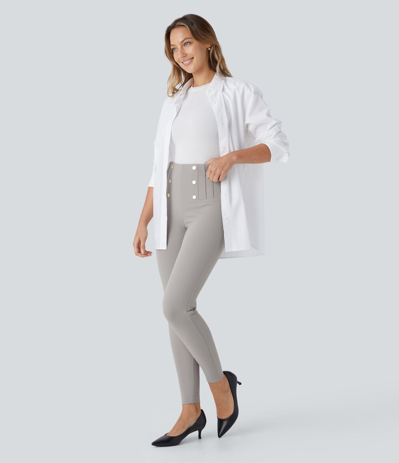 Pantalon tailleur skinny gainant taille haute à chevrons avec poches arrière zippées décoratives
