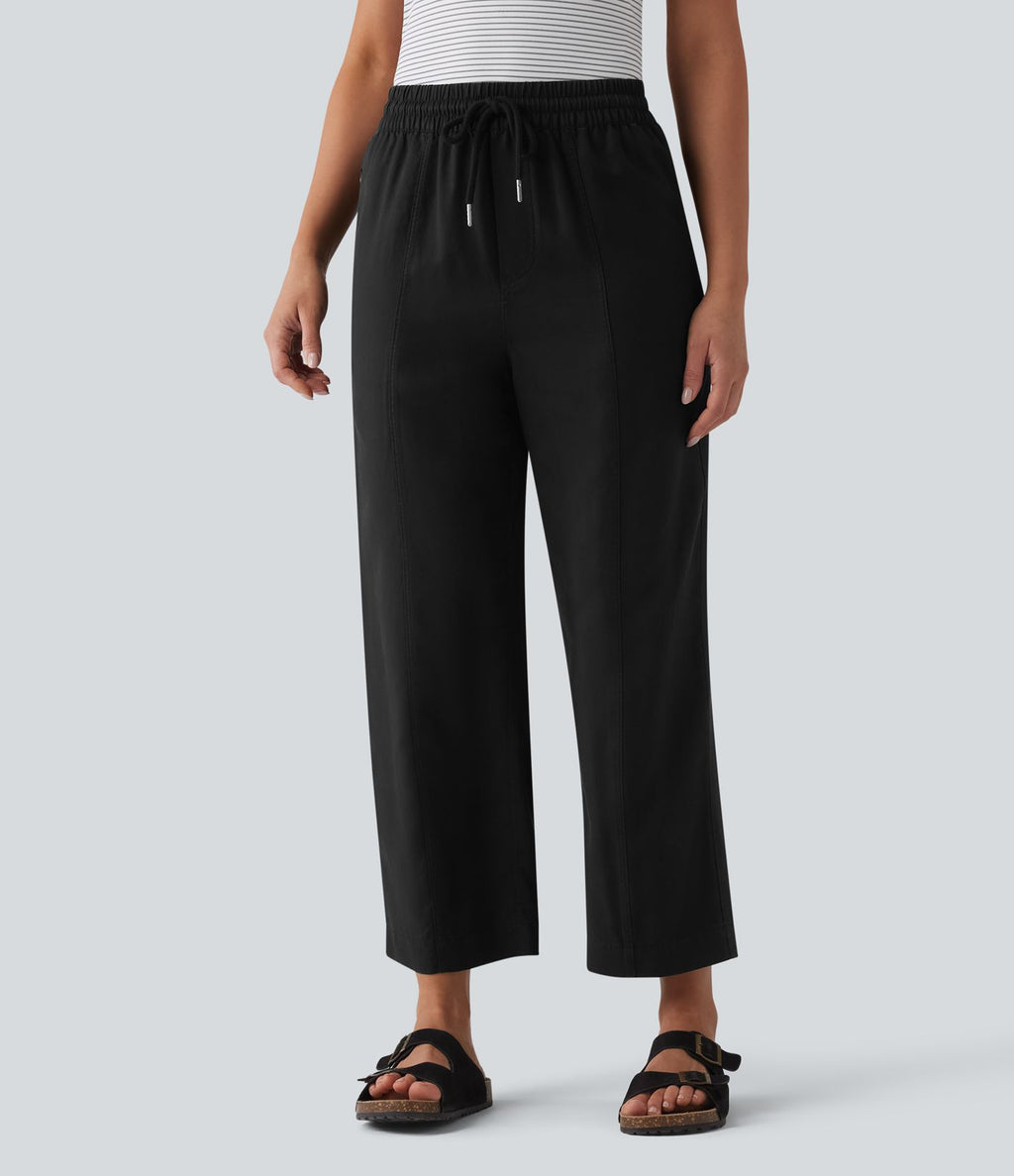 Pantalon casual fuselé en lin drapé taille haute avec cordon de serrage et poches