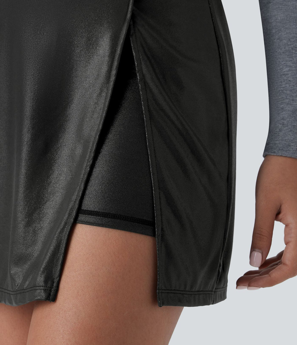 Mini-jupe moulante 2-en-1 SoftlyZero™ taille haute en simili, ourlet, effet sparkle métalisé, extensible avec poches