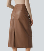 Jupe crayon midi habillée taille haute en simili cuir doublé polaire avec fermeture éclair invisible et fente