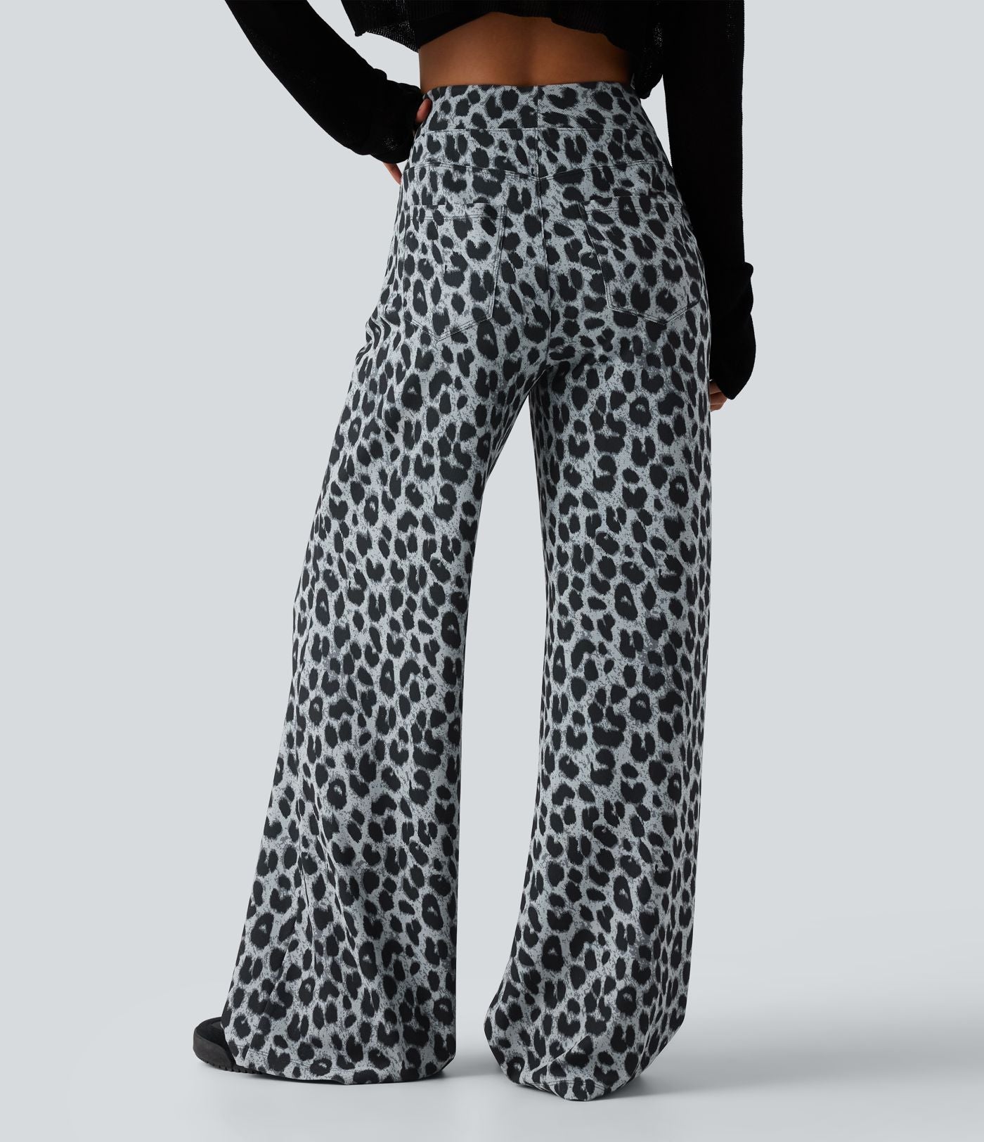 Pantalon large décontracté taille haute gaufré imprimé léopard avec poches