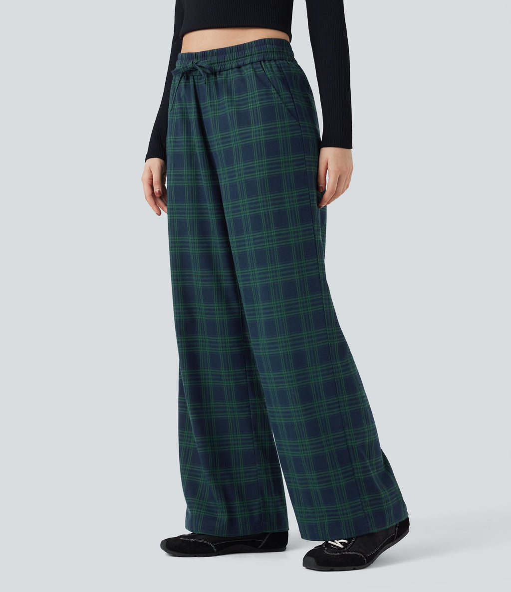Pantalon baggy taille haute imprimé carreaux avec poches