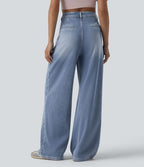 Halara Flex™ Jean large décontracté asymétrique taille haute délavé avec poches