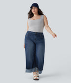 Jean casual grande taille Halara Flex™ tricot extensible délavé taille haute jambe large ourlet roulotté avec poches