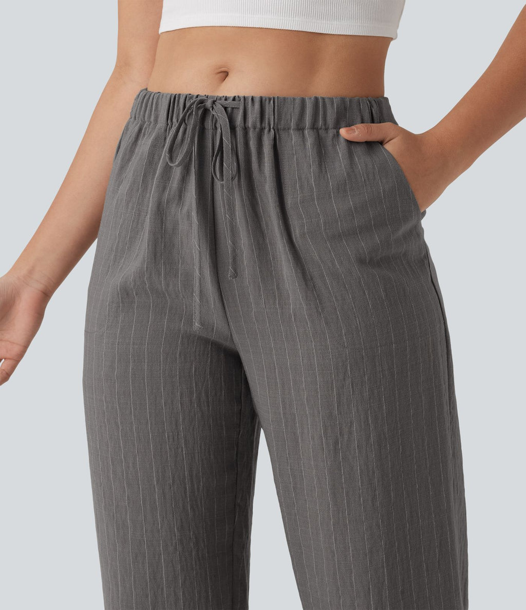 Pantalon large fluide décontracté en lin mélangé à rayures taille mi-haute avec cordon de serrage et poches