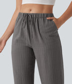 Pantalon large fluide décontracté en lin mélangé à rayures taille mi-haute avec cordon de serrage et poches