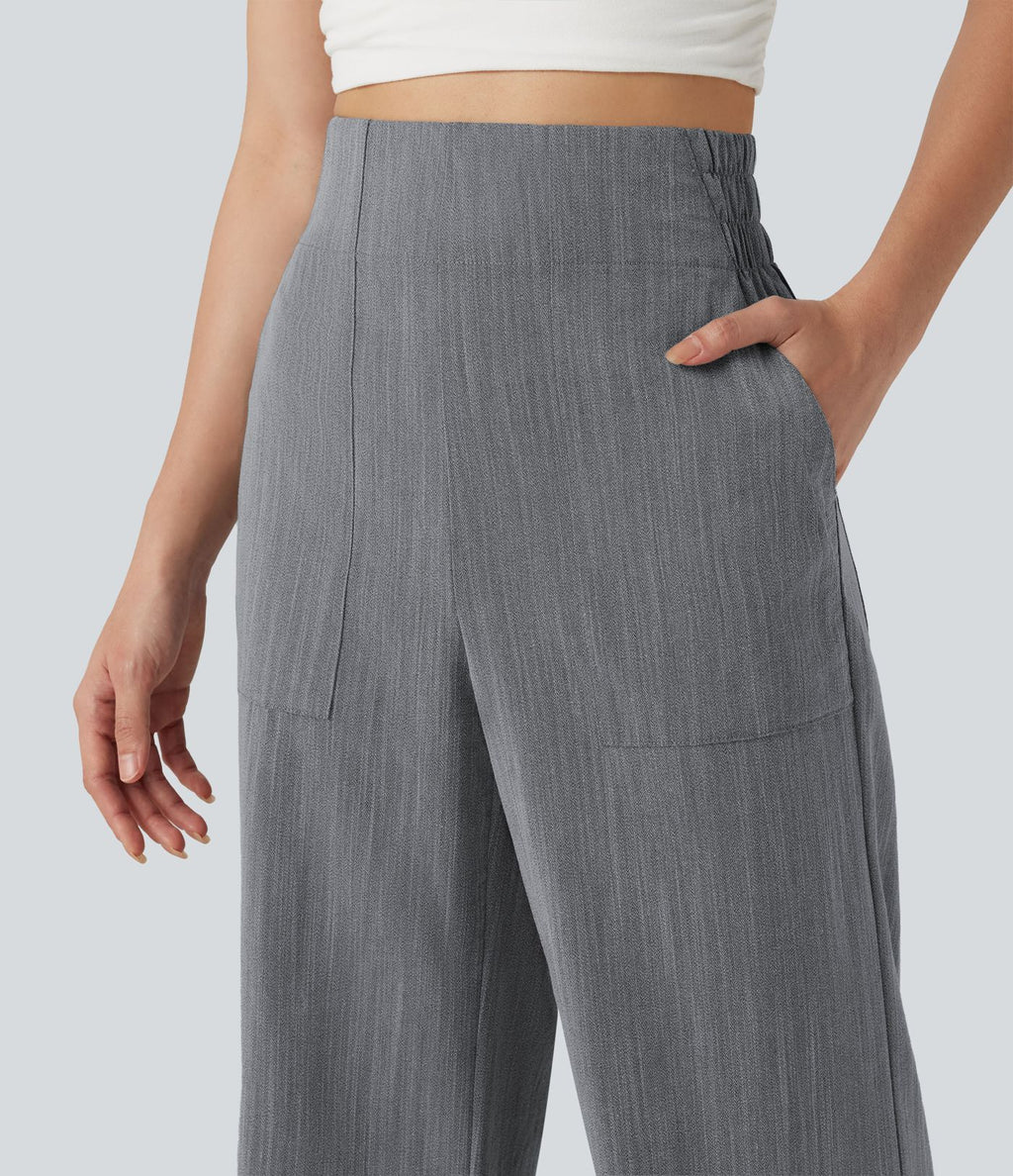 Pantalon flare taille haute effet lin avec poches