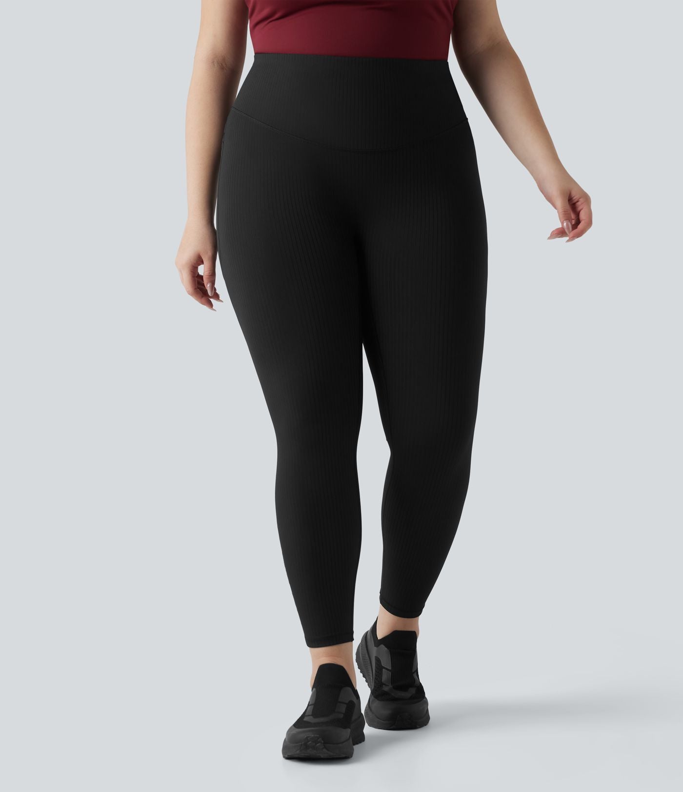 Legging sport grande taille en maille côtelé, effet ventre plat, taille haute avec poches