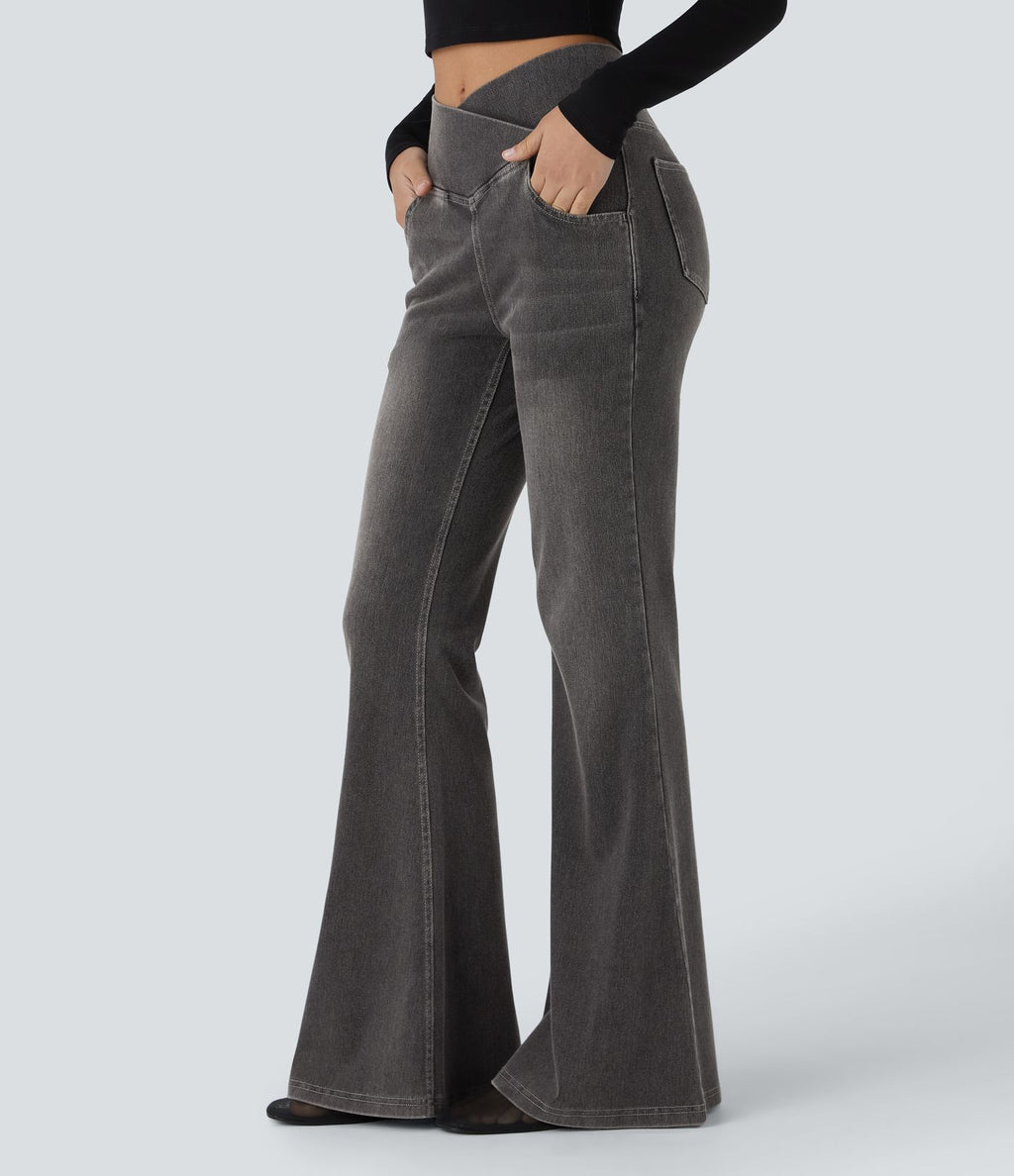 Halara Flex™ Jean Évasé à Taille Haute avec Poche Crossover Tissu Élastique Lavé