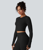 Top de sport yoga court Halara UltraSculpt™ col rond manches longues avec trous pouces