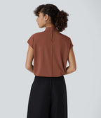 Blouse de Travail à Col Montant Plissée avec Boutons dans le Dos et Manches Courtes