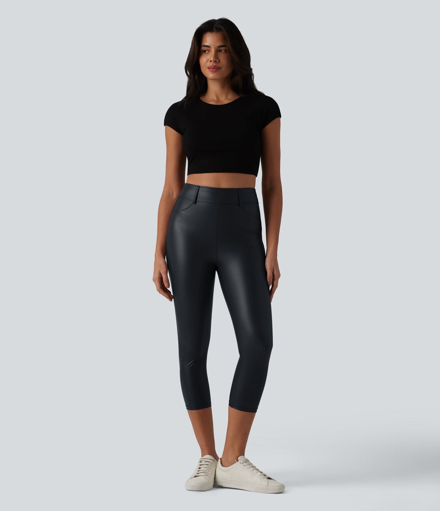 Legging corsaire casual taille haute extensible en simili cuir avec poches