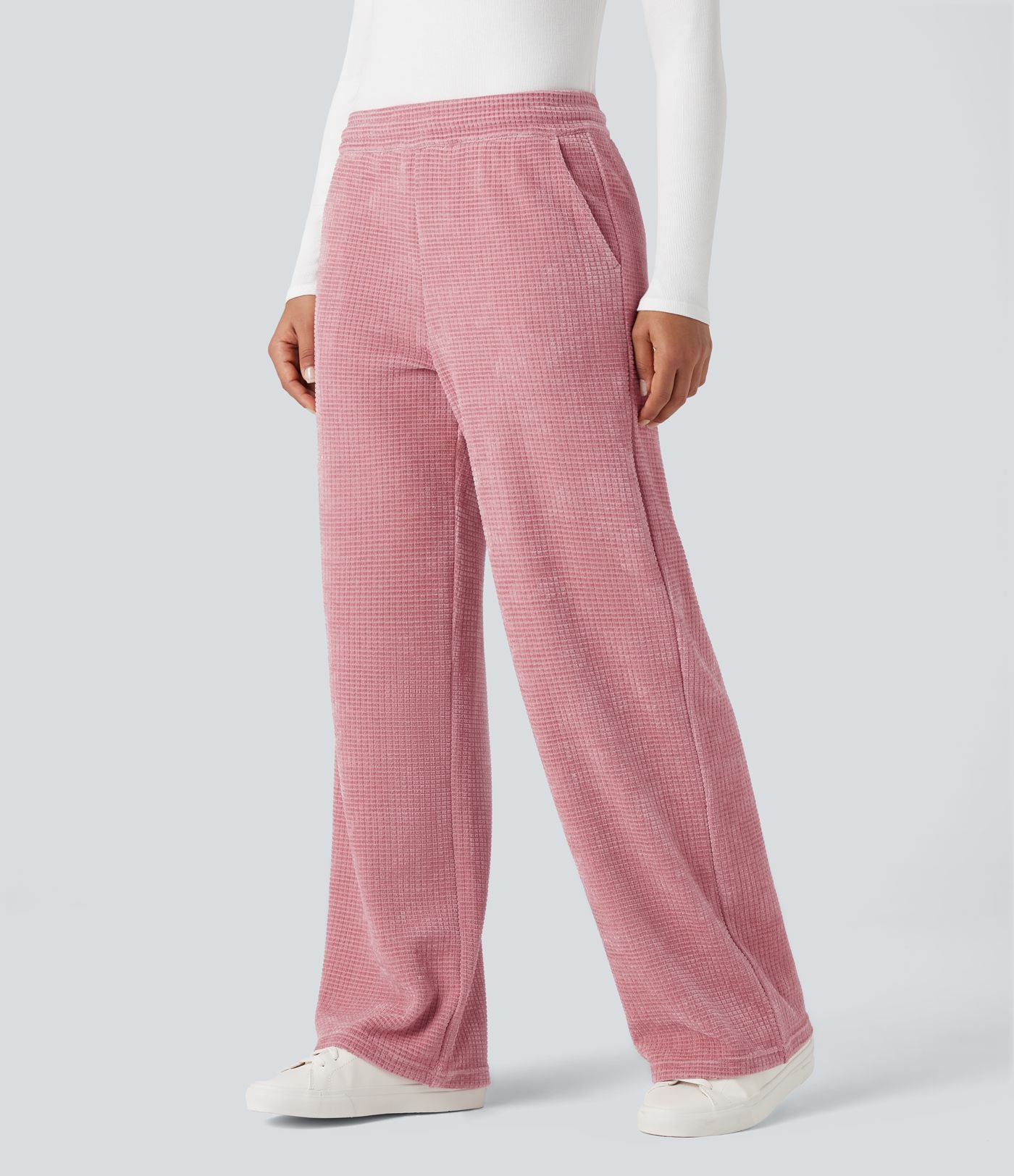 Pantalon chenille gaufré coupe droite taille mi-haute avec poches