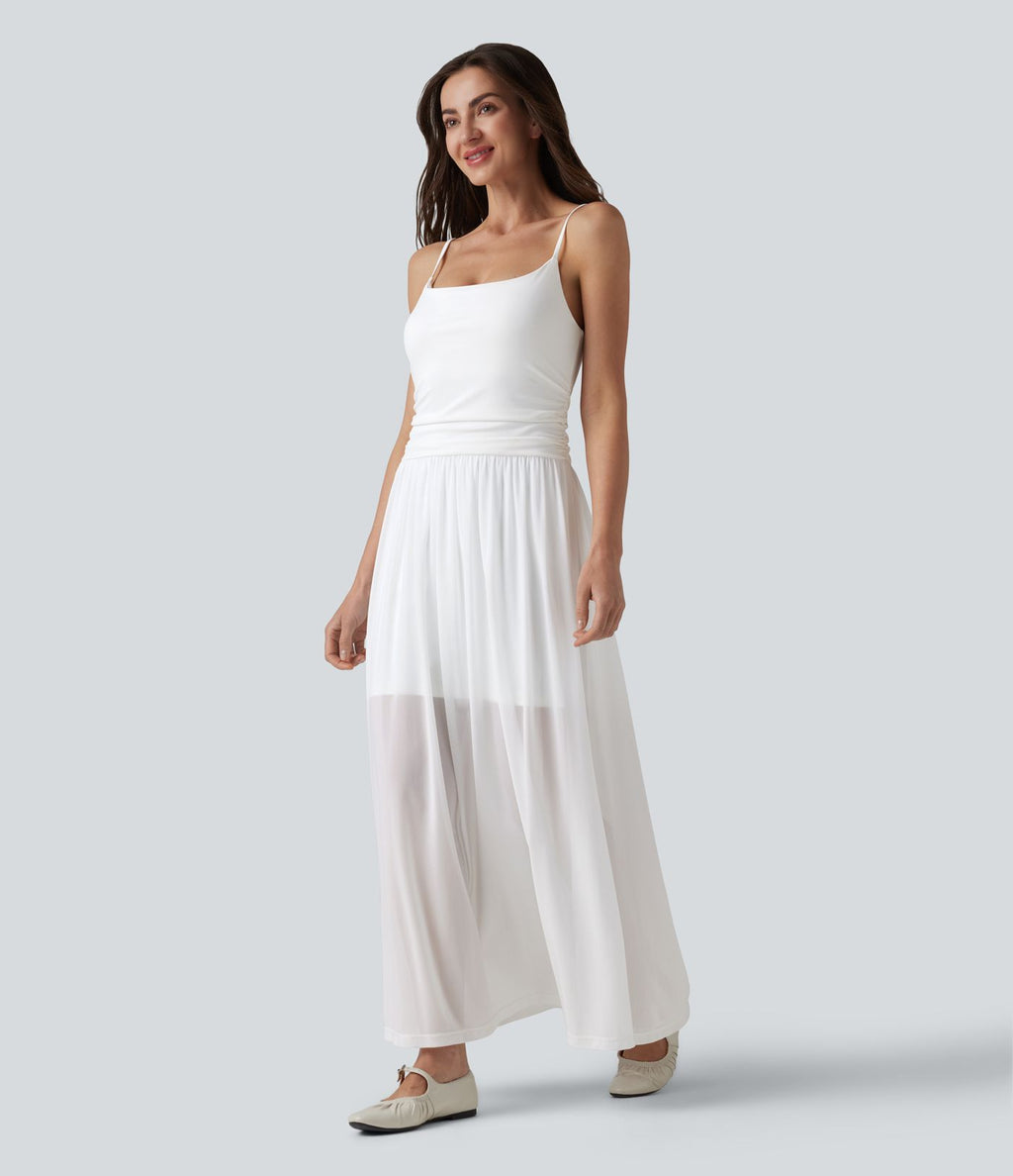 Robe nuisette longue décontractée fluide bretelles réglables froncée mesh contrasté soutien-gorge intégré