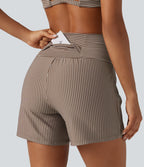 Short de yoga 2-en-1 à rayures, taille très haute, 12,5 cm, à poches
