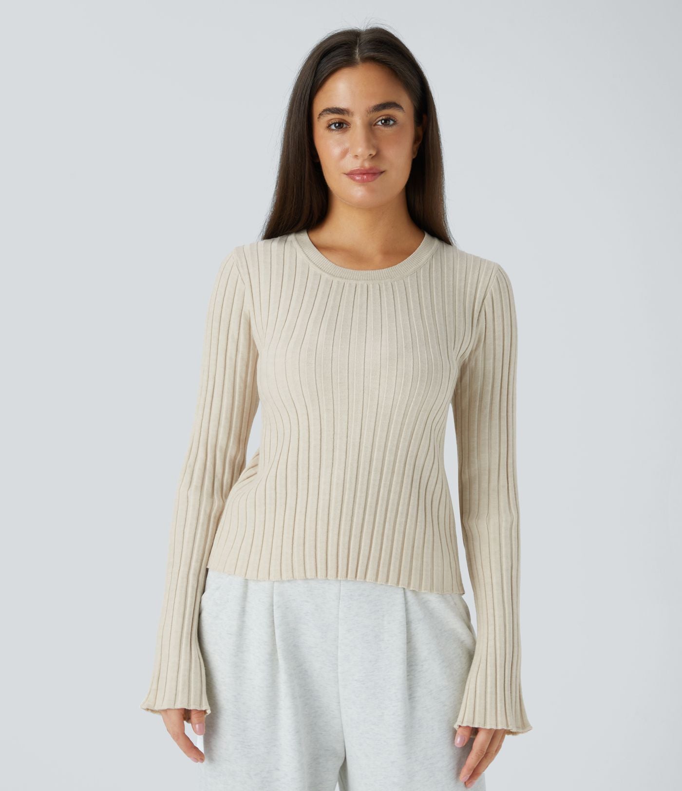 Pull Décontracté à Col Rond, Manches Longues et Volants