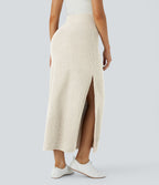 Jupe Casual Maxi à Taille Haute et Ourlet Fendu en A-Line en Côtes