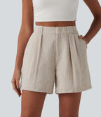 Short casual large aspect lin taille haute avec poches