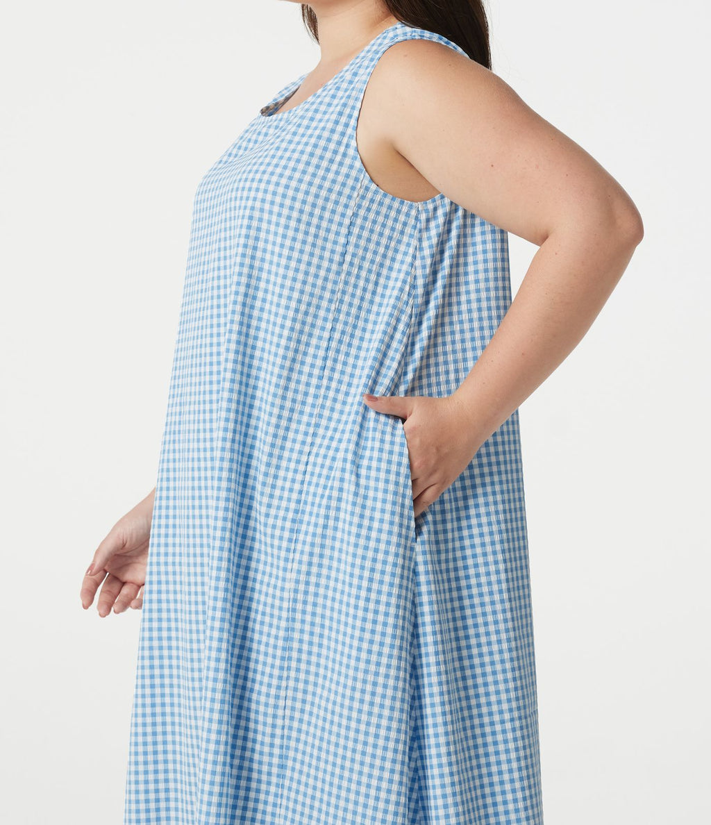 Robe débardeur midi sans manches col rond en vichy froissé grande taille à poches