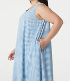 Robe débardeur midi sans manches col rond en vichy froissé grande taille à poches
