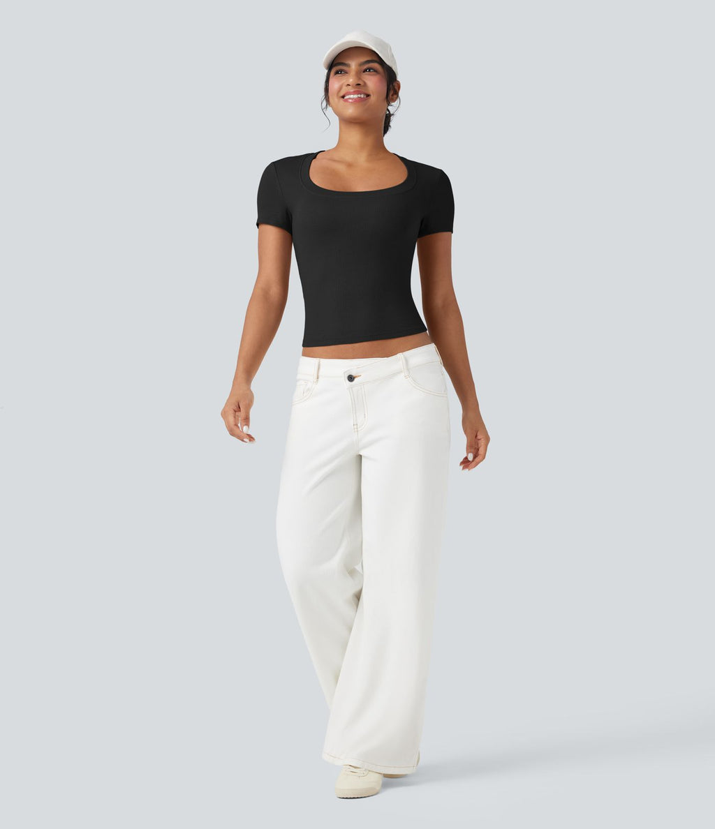 T-shirt décontracté maille côtelée manches courtes